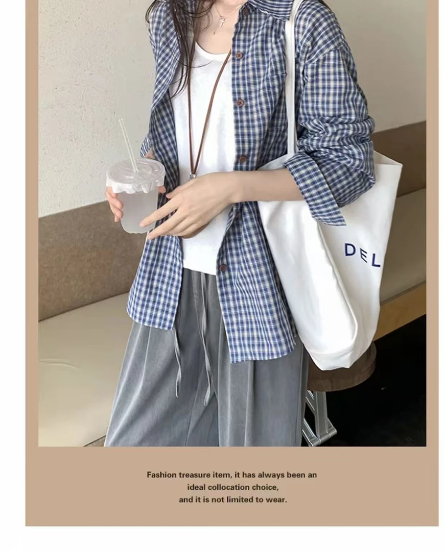 韩系衬衫蓝色格子慵懒衬衫气质衬衫长袖衬衣韩版