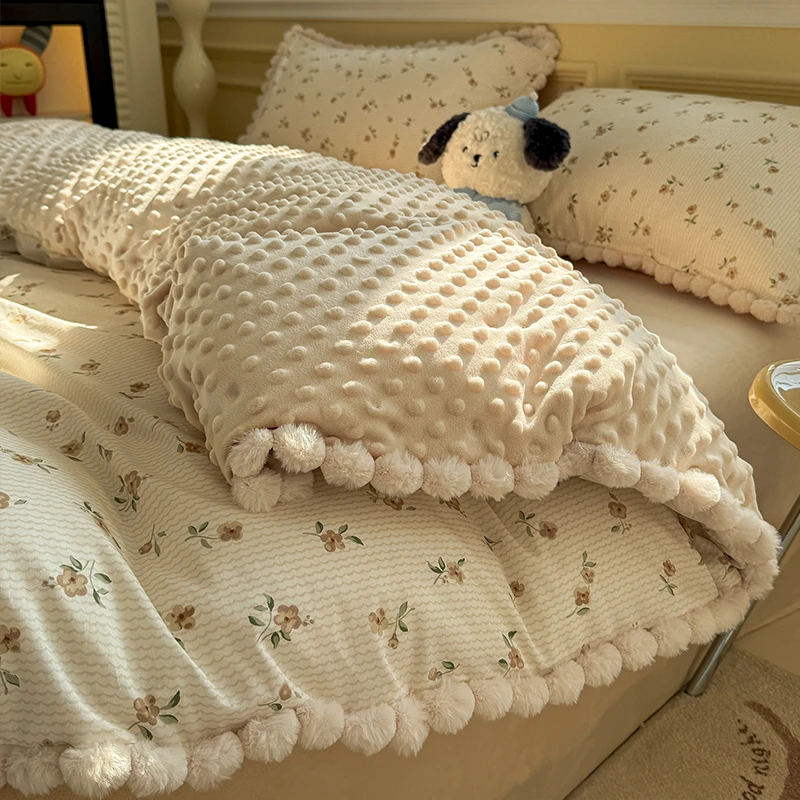 冬季加厚ab面全棉豆豆绒床上四件套纯棉牛奶绒床单被套床笠三件套