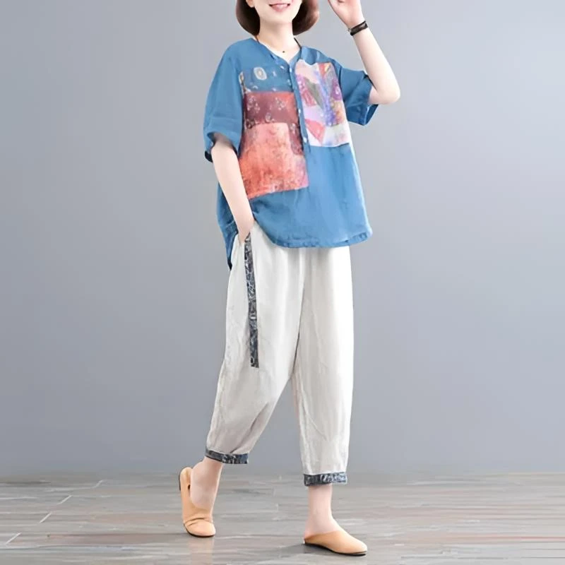 复古文艺韩版宽松大码遮肉印花两件套亚麻套装女春夏季新款两件套