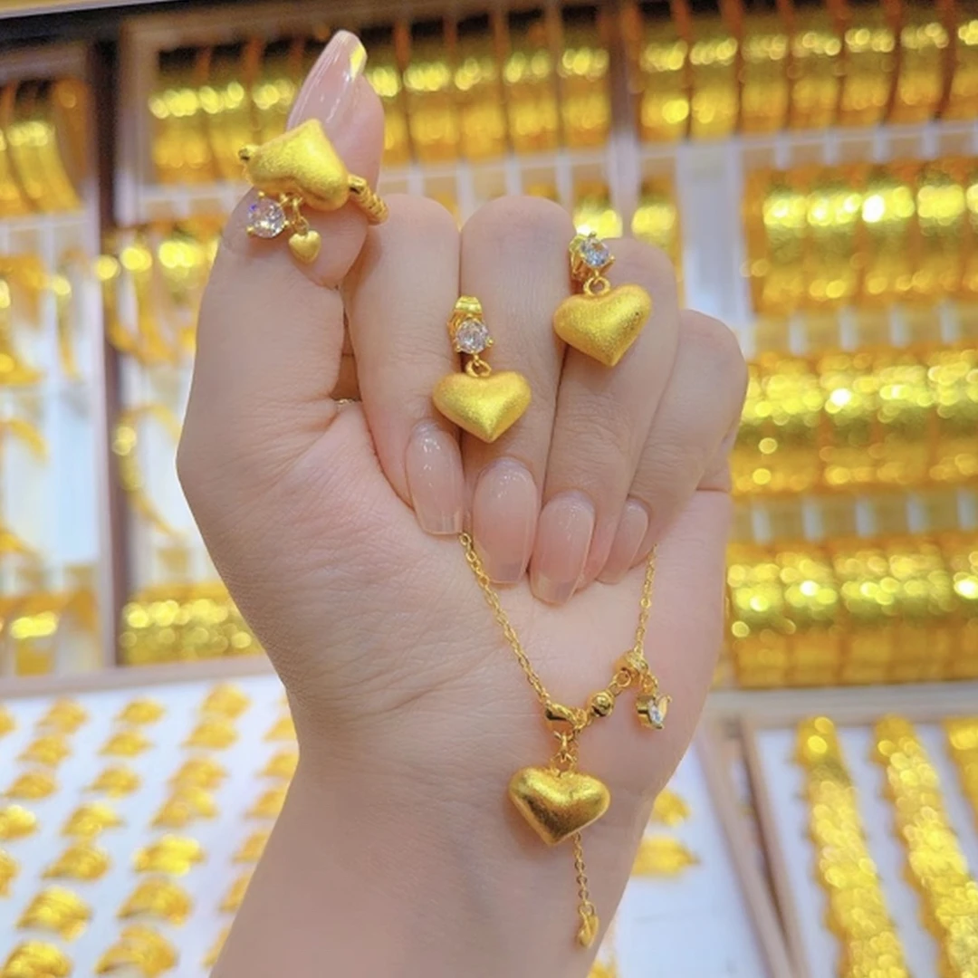 铜合金项链 时尚百搭个性爱心项链气质金色古法三件套