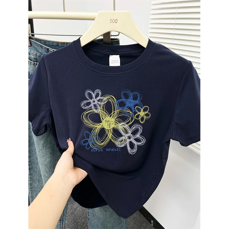 夏季新款韩版花朵减龄印花圆领正肩短袖t恤女装大码洋气休闲上衣