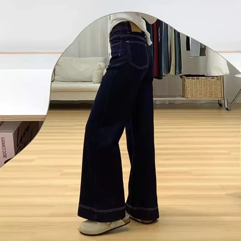 【白】丹宁蓝复古微喇牛仔裤女2025春季新款小众高腰显瘦拖地裤