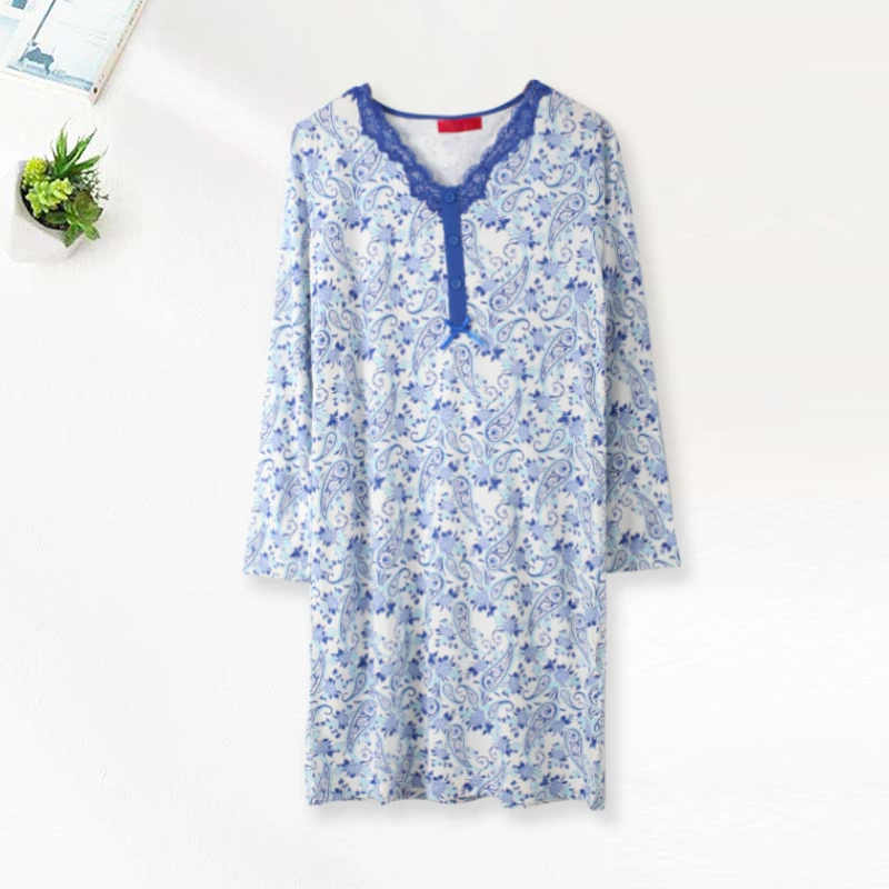 春夏女士镂空V领印花家居裙中长款长袖睡裙柔软舒适00359宽松透气
