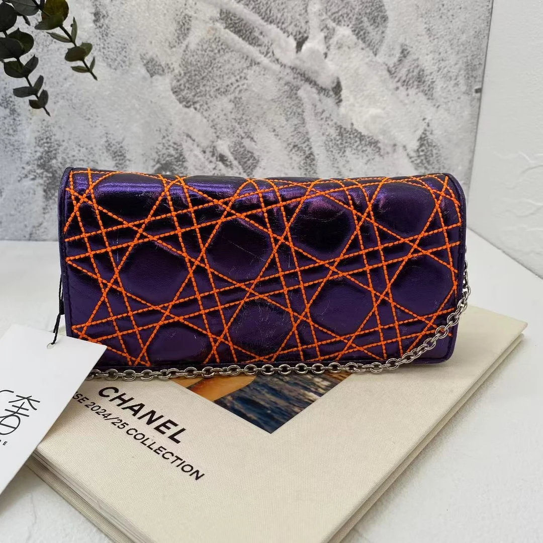 99新 DIOR/迪奥 时尚女士优雅炫彩紫漆皮链条手提单肩二奢包包