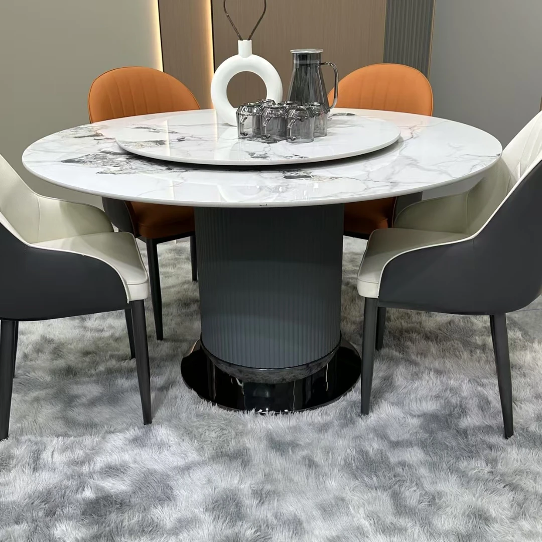 轻奢餐桌餐椅组合简约家用大转盘圆形餐桌电磁炉餐厅饭桌