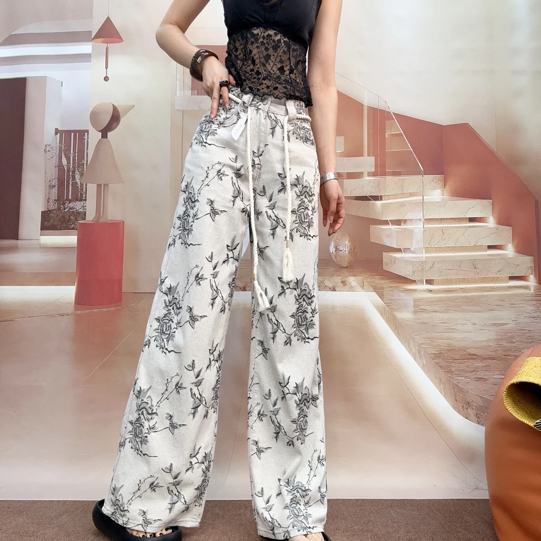《嘉怡推荐》2025垂感立体印花直筒阔腿裤0386#