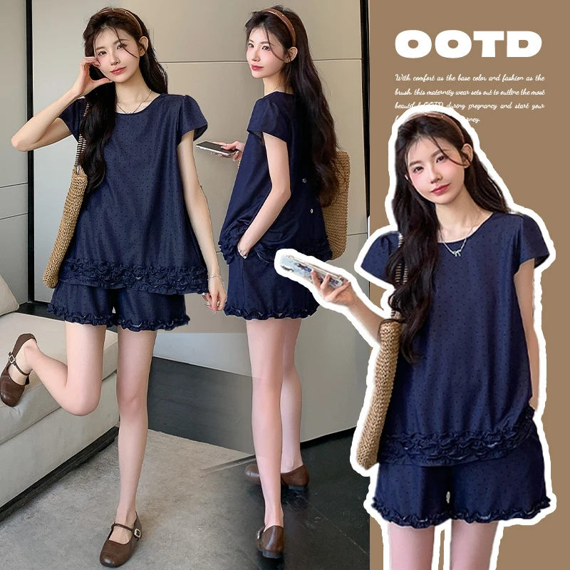孕妇装夏装2025新款夏季时尚洋气宽松牛仔清凉短袖上衣休闲短裤女
