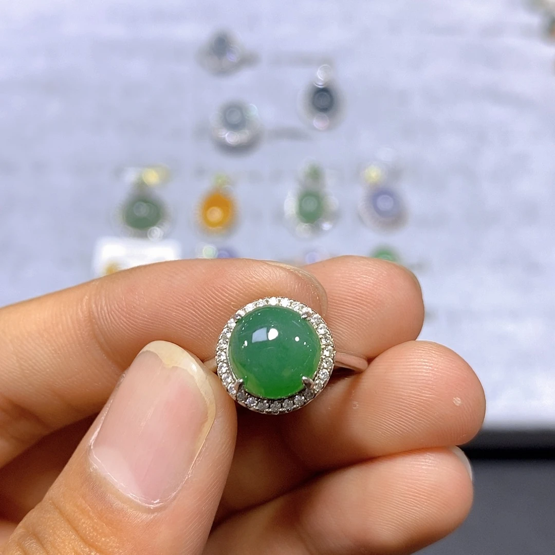 翡翠戒指银S925镶嵌35号