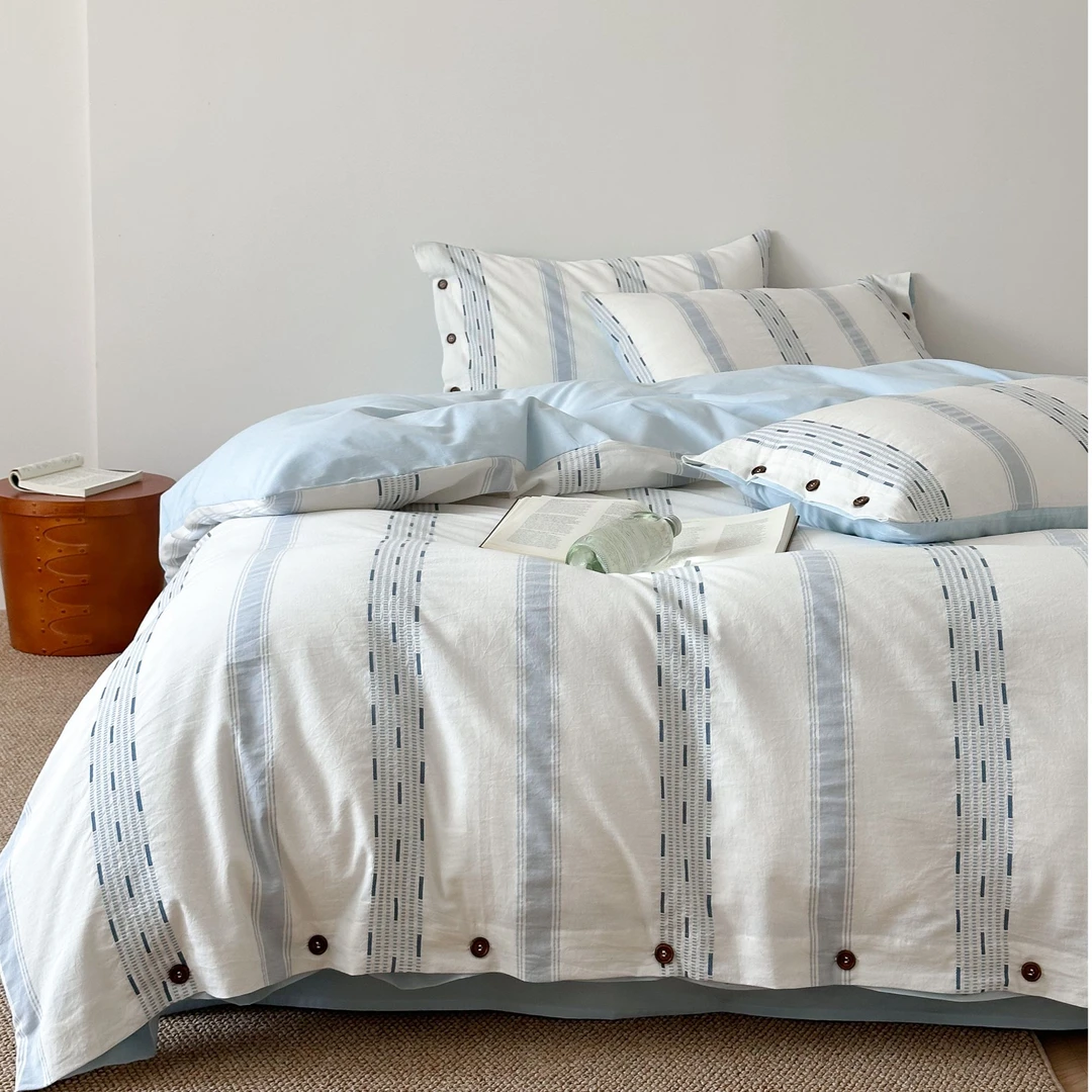 简约A类60支全棉水洗棉四件套新款纯棉色织提花被套床单床上用品4