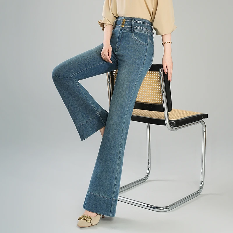 美式复古牛仔裤直筒微喇叭裤女裤子2025春秋新款弹力修身显瘦长裤