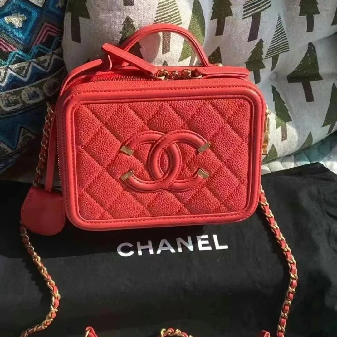 95新 Chanel/香奈儿 5455 西瓜红色相机盒子斜挎包17-18