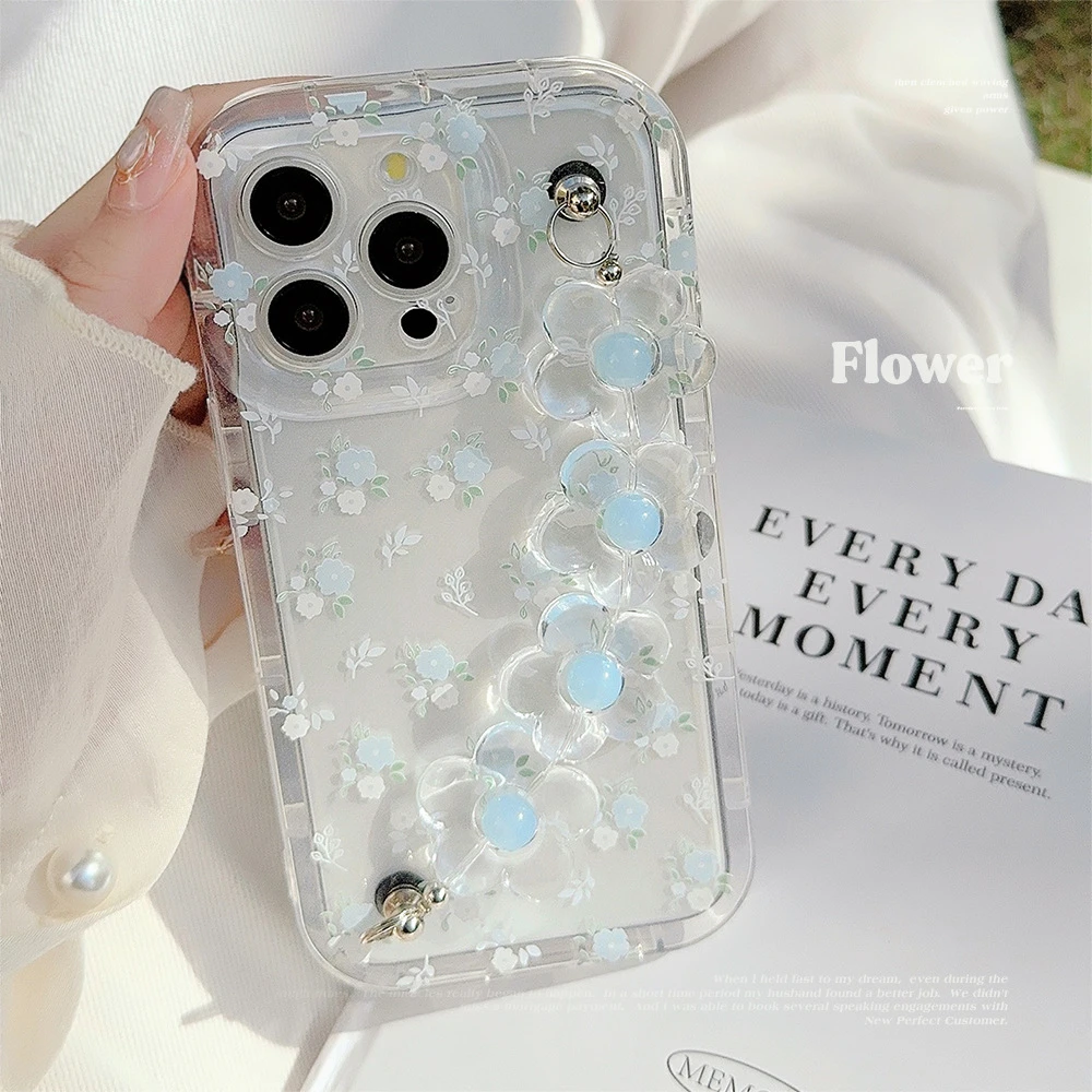 网红同款新蓝色碎花iphone14promax苹果15手机壳16适用12透明挂绳