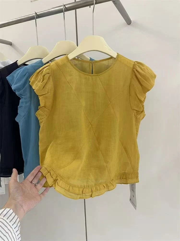法式设计感下摆荷叶边短袖衬衫25夏季苎麻花苞袖宽松显瘦小衫