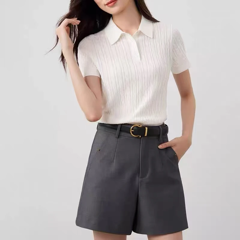 POLO领正肩针织衫女2025气质百搭简约纯色通勤短袖3383