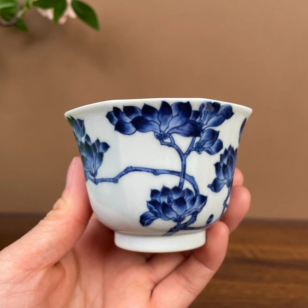 【望月御品】玉兰花八方杯手工手绘景德镇茶具容量100毫升