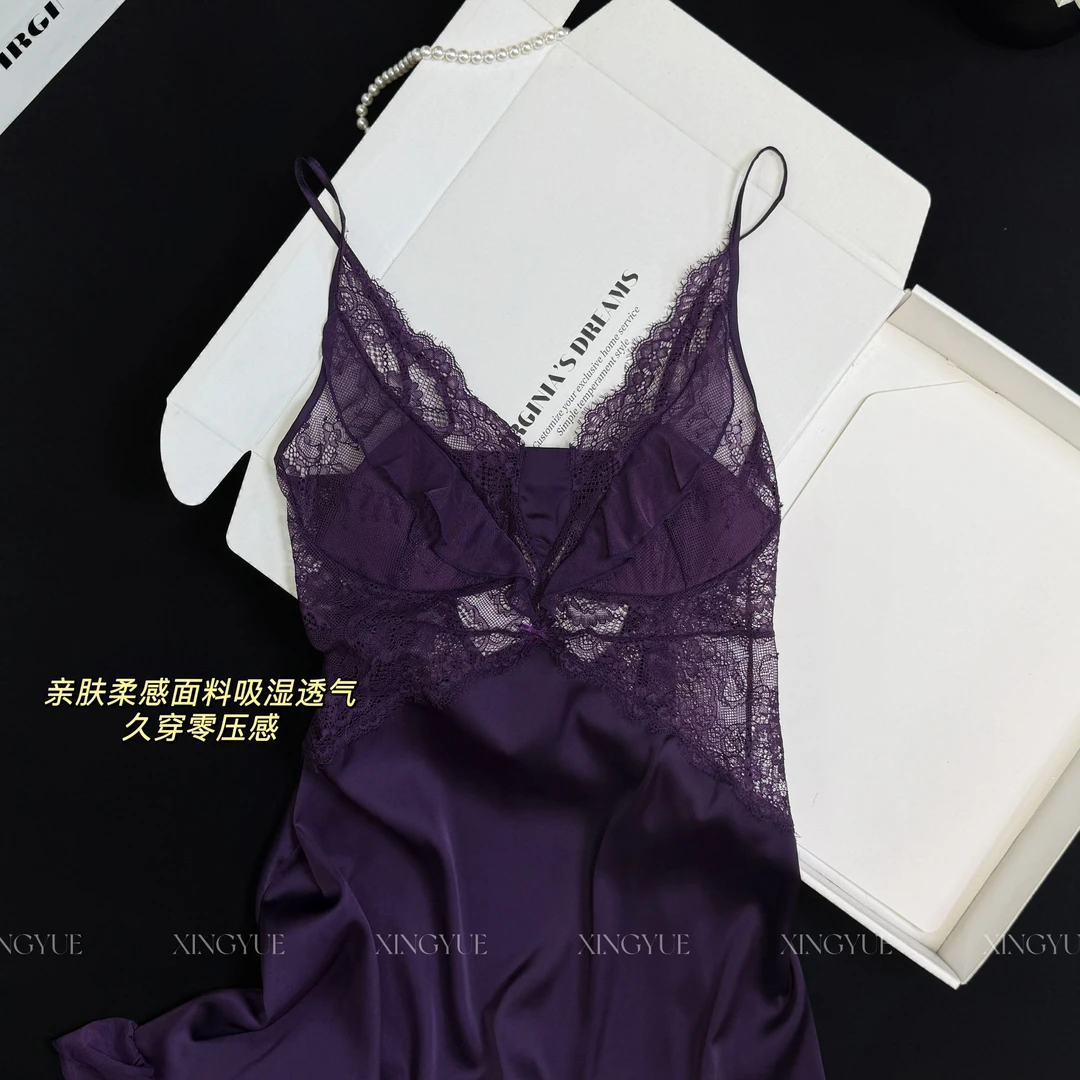紫绡气质吊带蕾丝睡裙性感透气亲肤带胸垫纯欲夏季睡衣女战袍套装