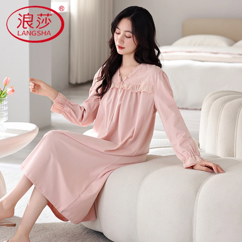 浪莎睡裙女款宫廷公主风长袖春秋款家居服宽松舒适纯色女士带胸垫