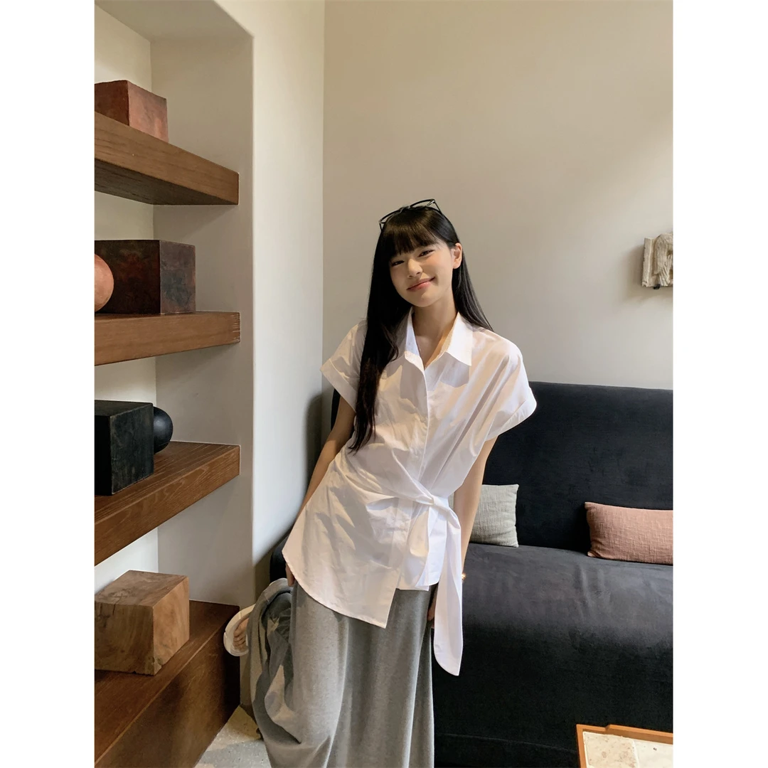 韩系设计感翻领短袖系带衬衫2025夏季新款收腰显瘦修身百搭上2025