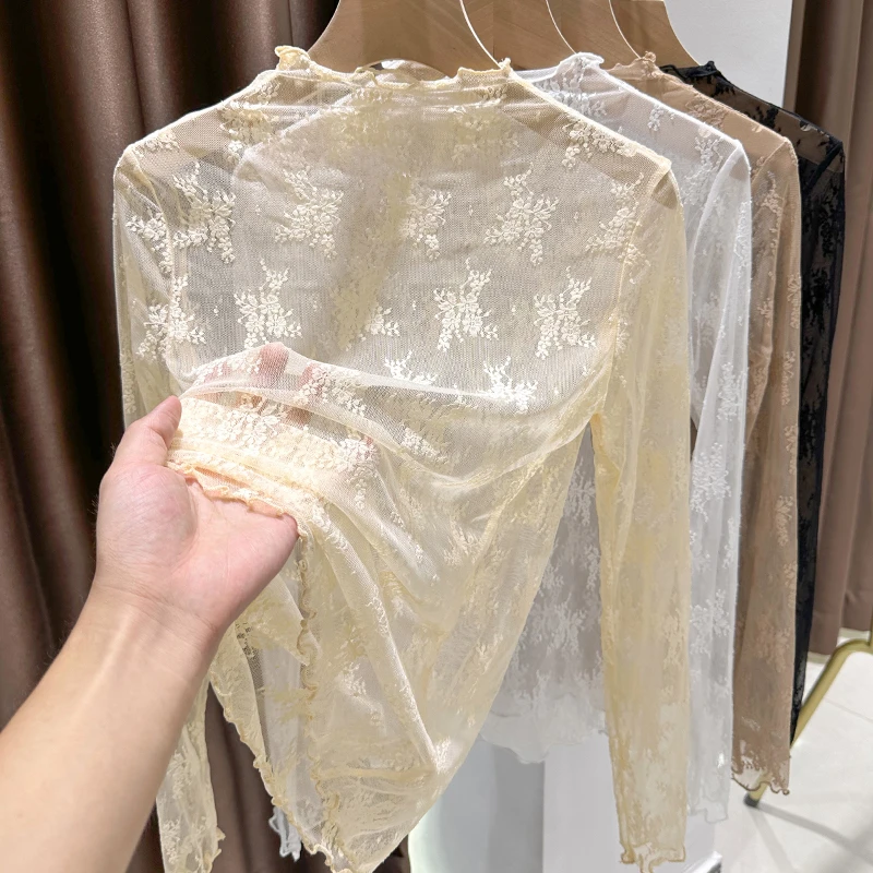 蕾丝打底衫女爆款2024秋季洋气高档内搭透视镂空薄纱杏色网纱上衣