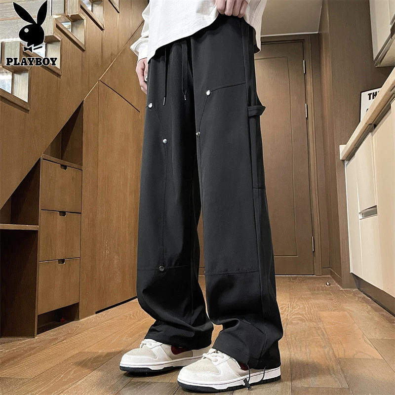 花花公子裤子男士春秋美式工装裤宽松直筒长裤男生运动休闲裤男装