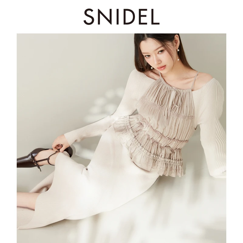 SNIDEL2025早秋新品甜美薄纱吊带长袖针织连衣裙套装SWNO251061