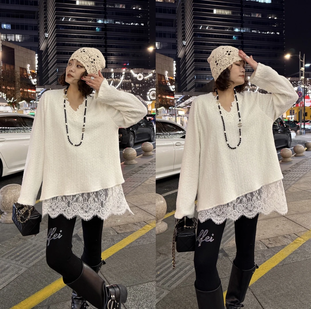 YDFSTUDIO小众【时光礼赞】欧货重工高品蕾丝V领拼接设计时尚上衣