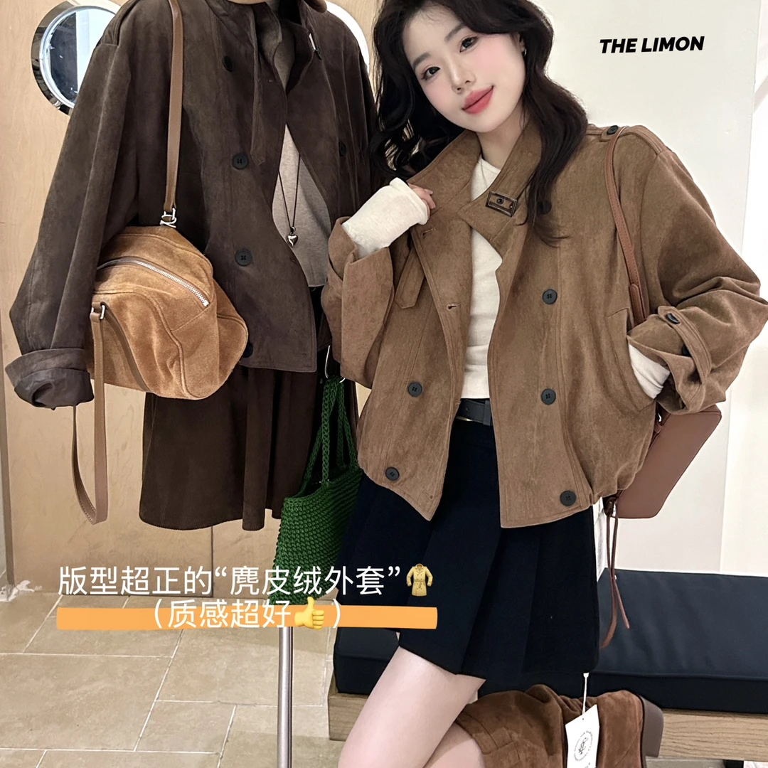 柠檬绿茶-伯克公路｜复古鹿皮绒慵懒夹克短外套TM-1172