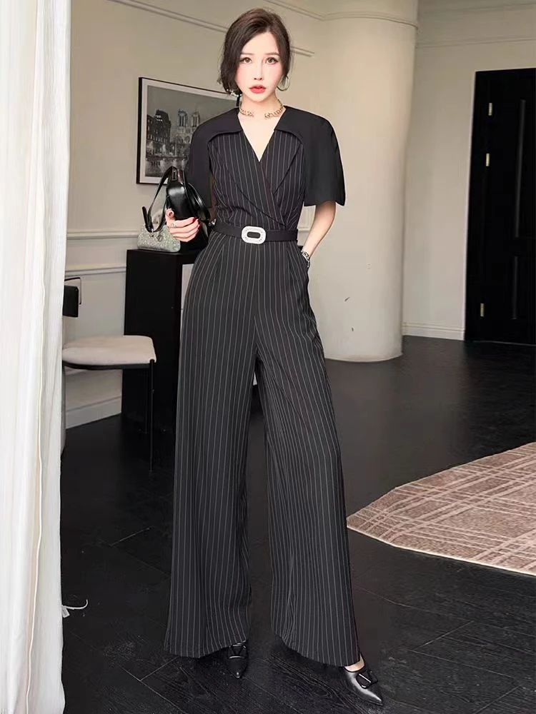 2025新款女装拼接连体衣连体裤气质黑色夏季拉链高腰