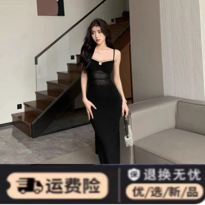 黑色性感辣妹纯欲设计感礼服裙气质网纱显瘦包臀吊带连衣裙女夏季