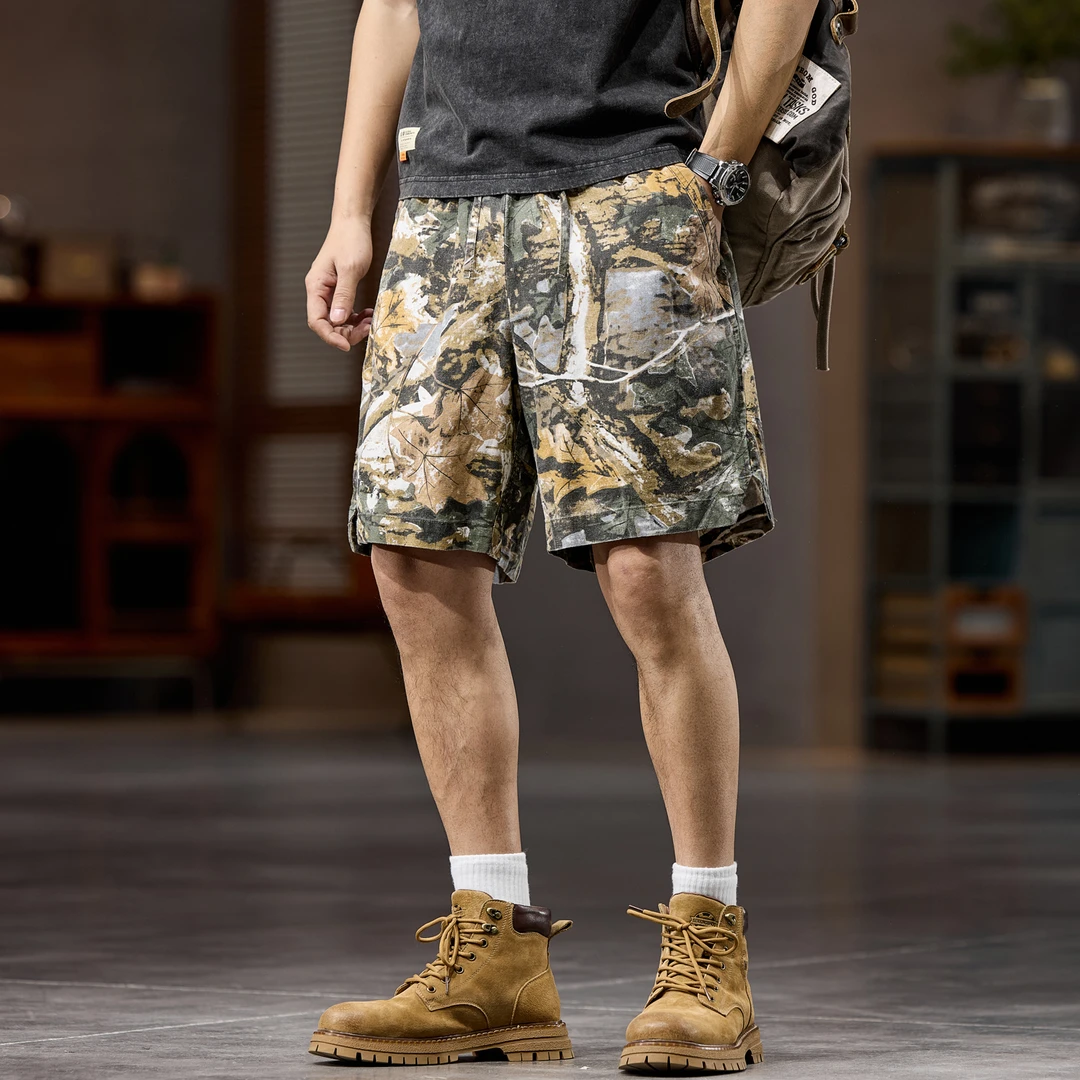 2025夏季新款日系复古迷彩棉麻工装短裤男百搭宽松美式休闲五分裤