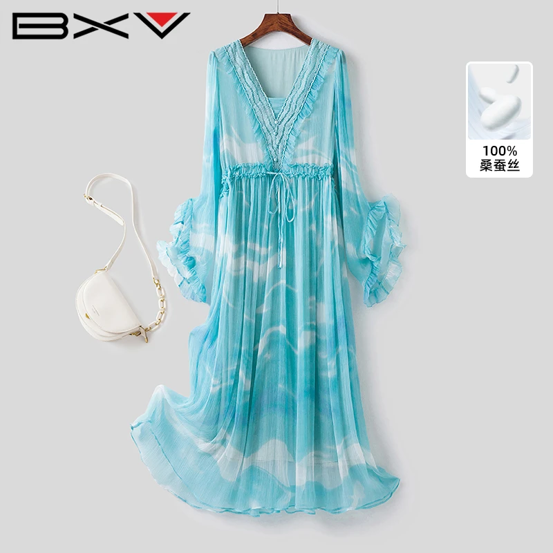 BXV喇叭袖桑蚕丝连衣裙女2025夏新款蓝色V领长袖裙子印花真丝长裙