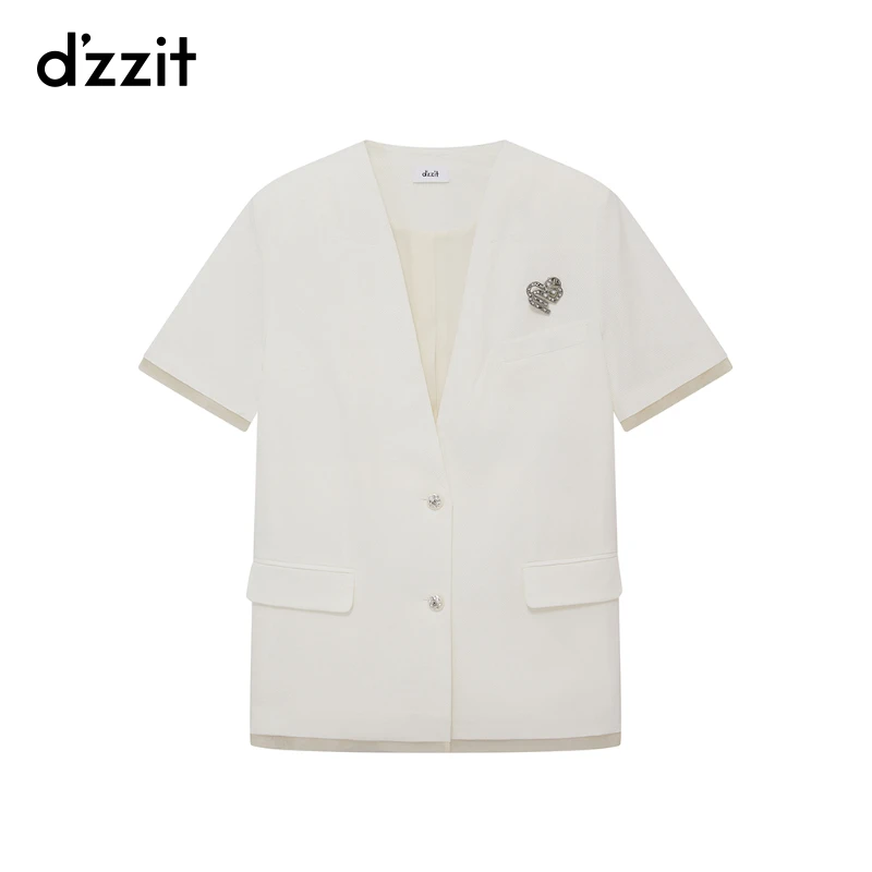 dzzit地素短外套夏季摩登爱心胸针装饰V领白色短袖西装女3I2F501
