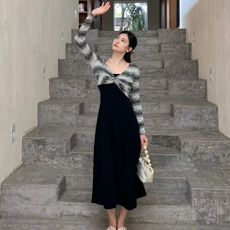 【慕妍专属】8819（裙长110）春秋气质黑色吊带连衣裙两件套