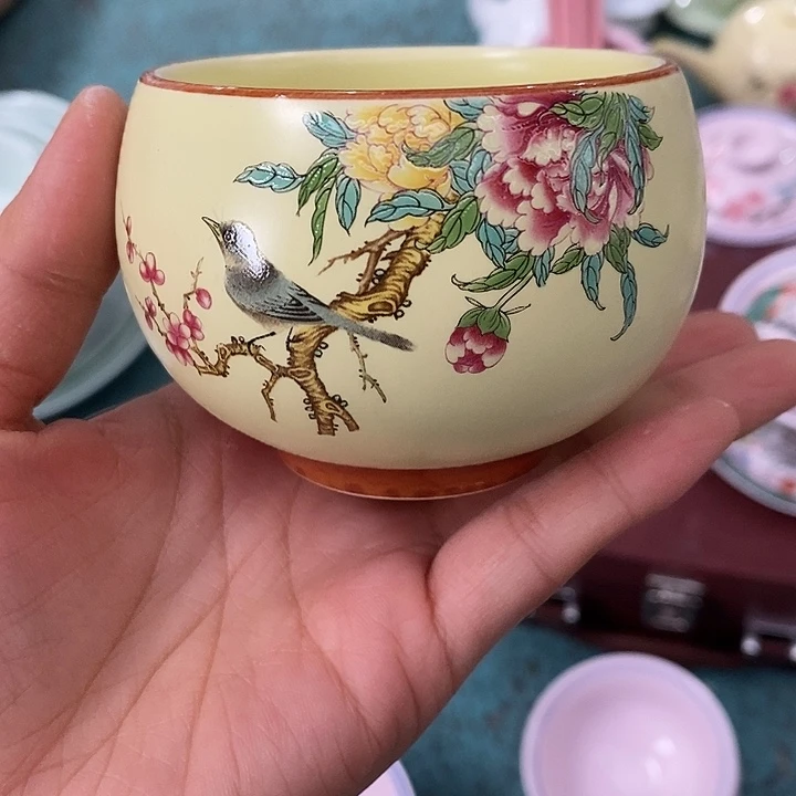 摆件陶黄稀土牡丹鸟禅定杯