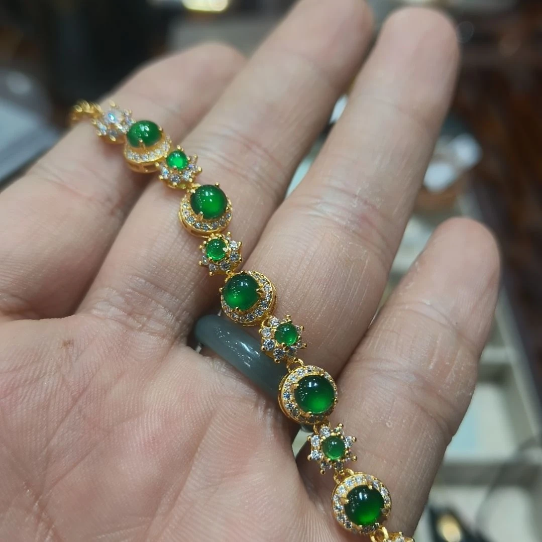 翡翠银S925镀金镶嵌手链天然翡翠a货阳绿