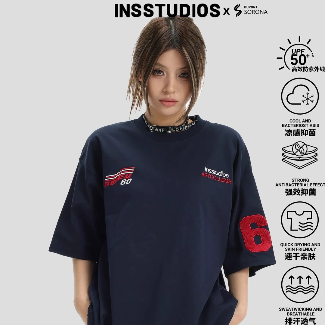 INSstudios 国潮牌情侣美式复古赛车LOGO刺绣短袖宽松冰皮凉感T恤