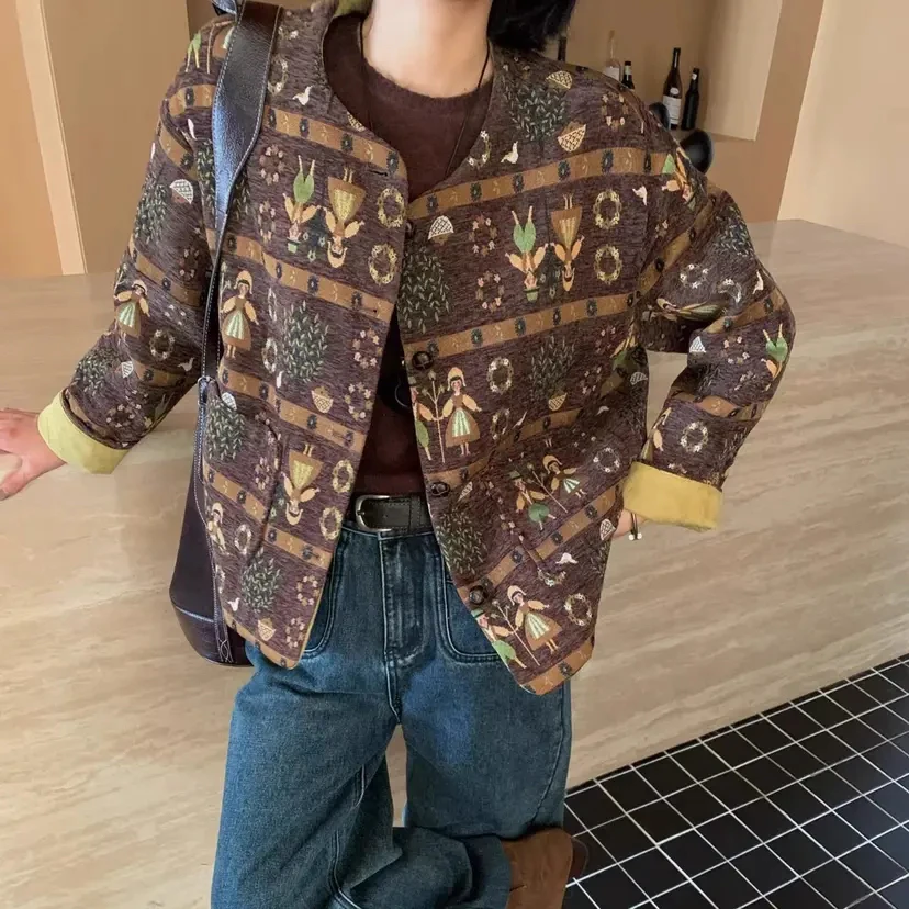 【绿野仙踪】秋季新中式刺绣提花圆领单排扣洋气百搭外套女气质减龄