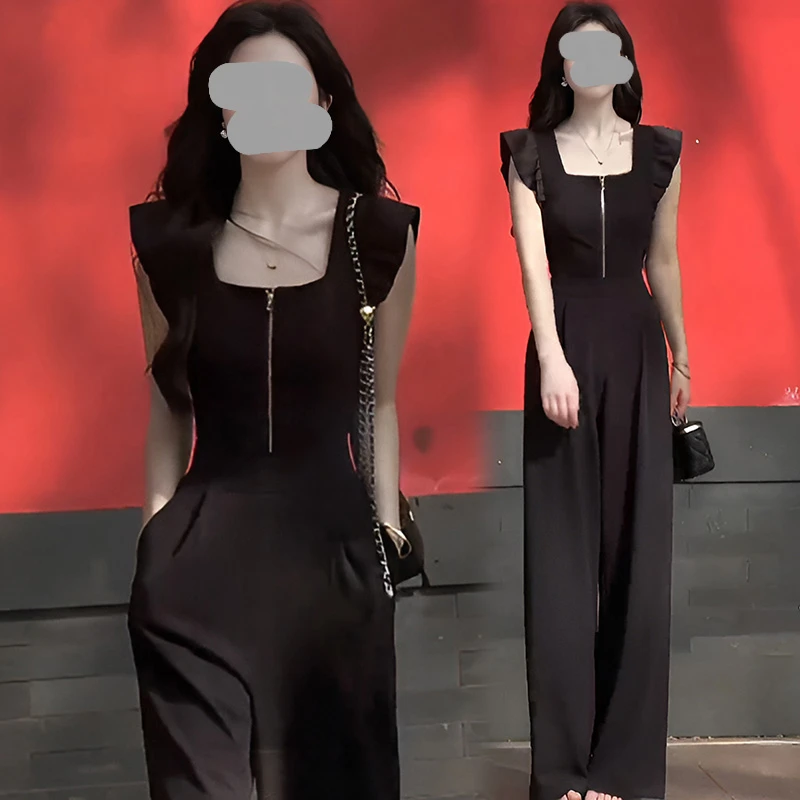 网红爆款时尚连体衣裤女2025夏季新款设计感方领木耳袖显瘦阔腿裤