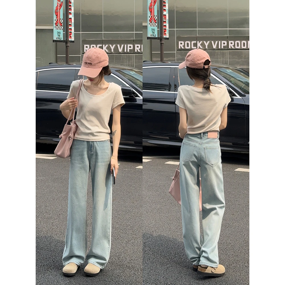 复古浅蓝小个子牛仔阔腿裤8982