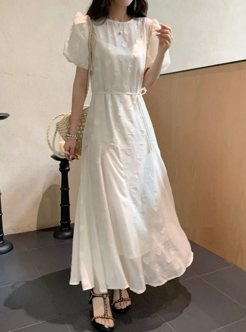 韩系温柔气质爱心提花连衣裙+背心裙套装9775