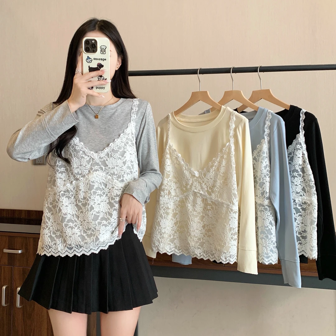 胖MM大码女装春夏新款时尚气质蕾丝吊带背心+长袖打底衫两件套女