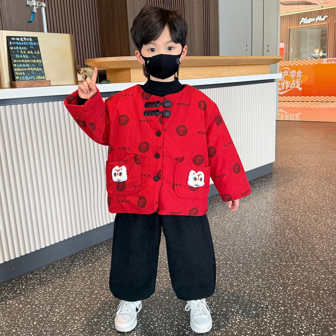 唐装男童冬季套装2025新款宝宝夹棉加厚冬装儿童红色喜庆新年衣服
