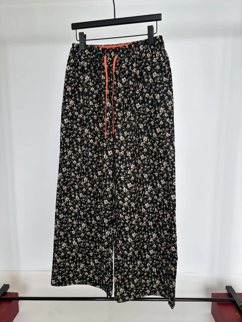 新款老钱风百搭碎花棉麻直筒休闲裤女