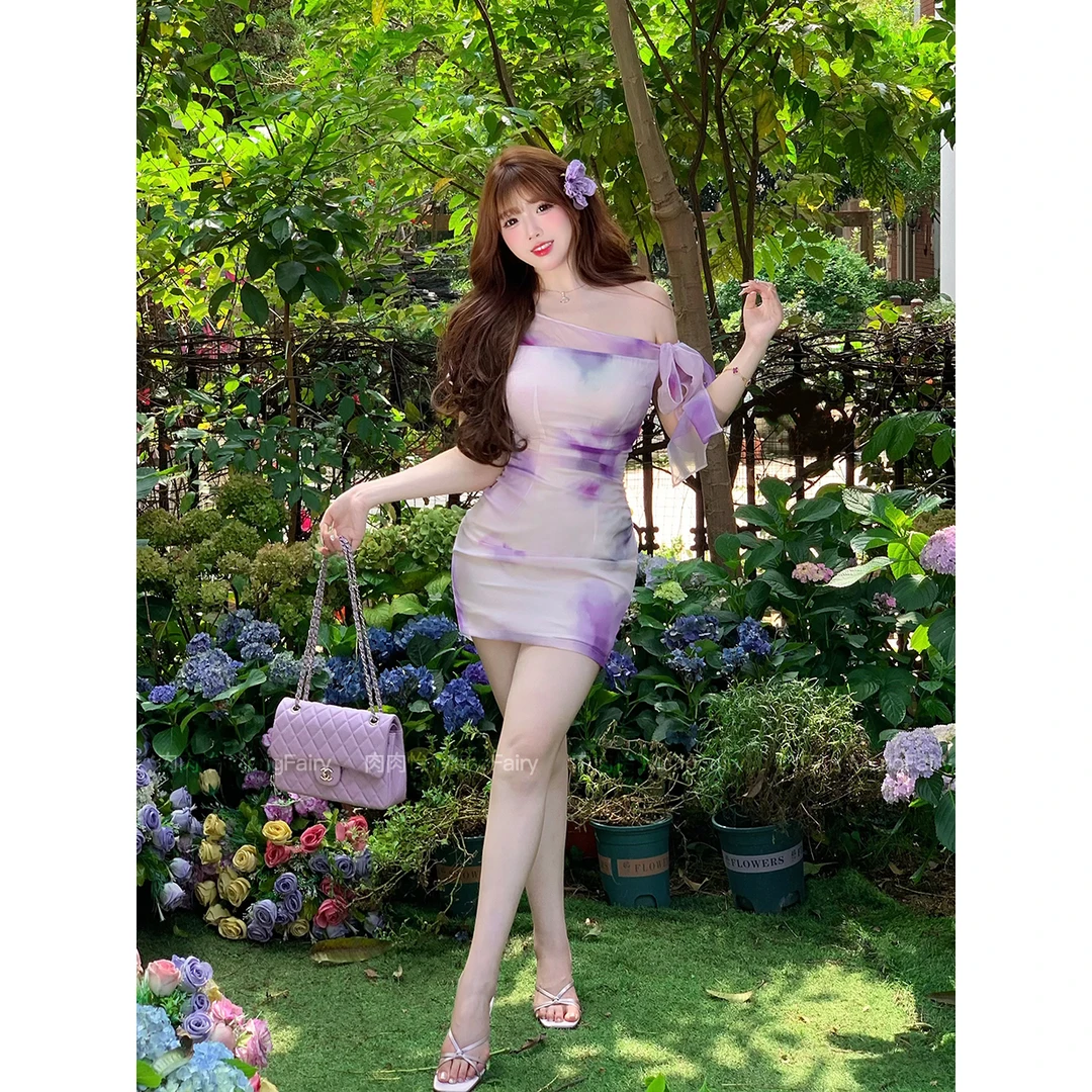 MengFairy清清【乌梅紫酱】夏季晕染墨色斜肩辣妹收腰连衣裙4539M