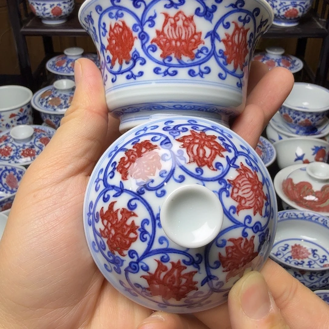 青花釉里红八花马蹄盖碗盖子微瑕