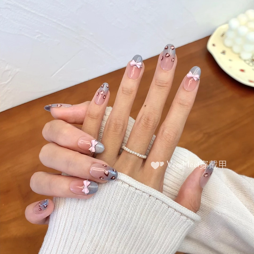 VERY MEET温柔甜美灰蓝猫眼蝴蝶结法式豹纹显白腮红美甲贴109
