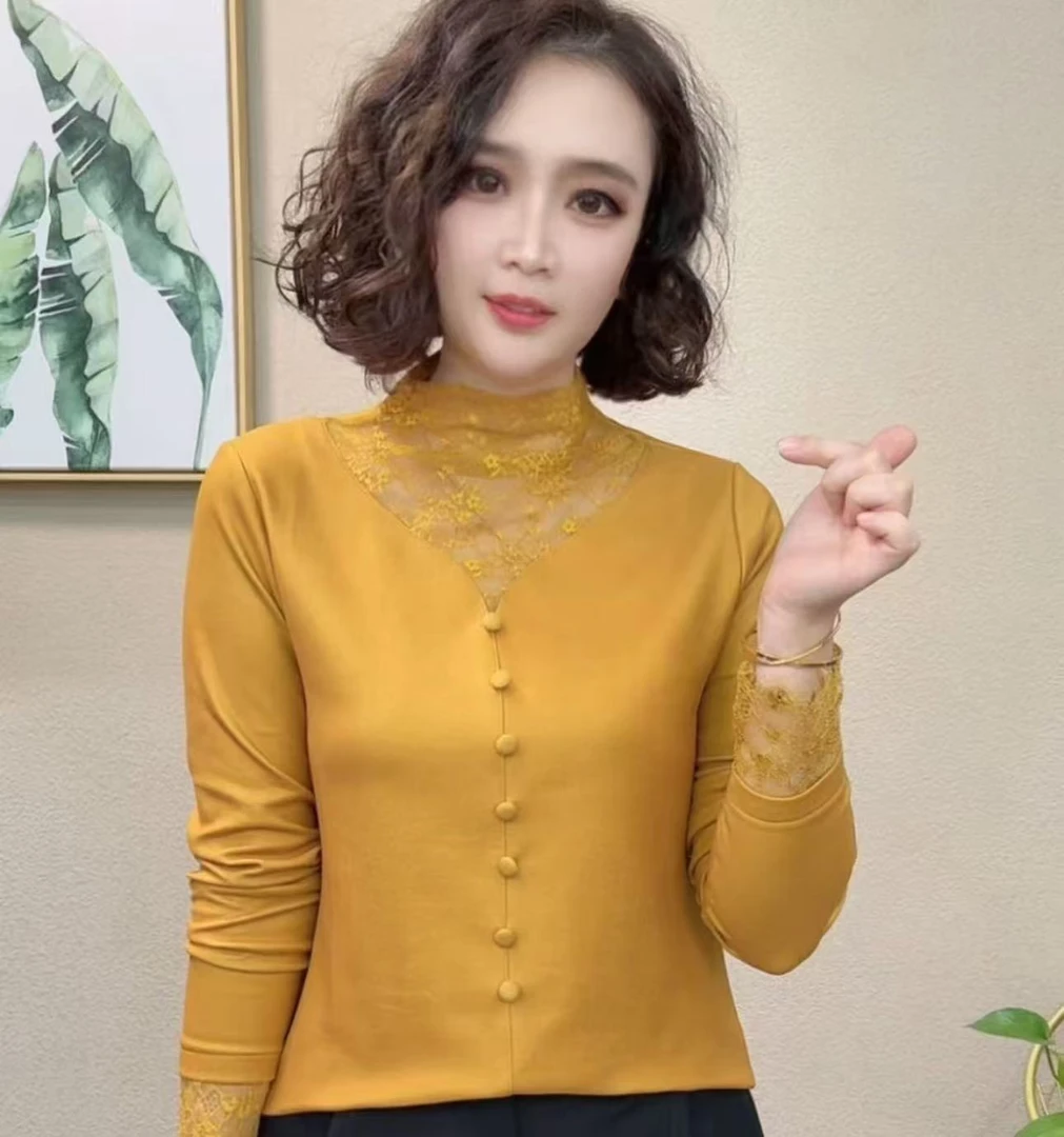 2025冬季新款半高领蕾丝气质百搭长袖减龄显瘦上衣女#53584