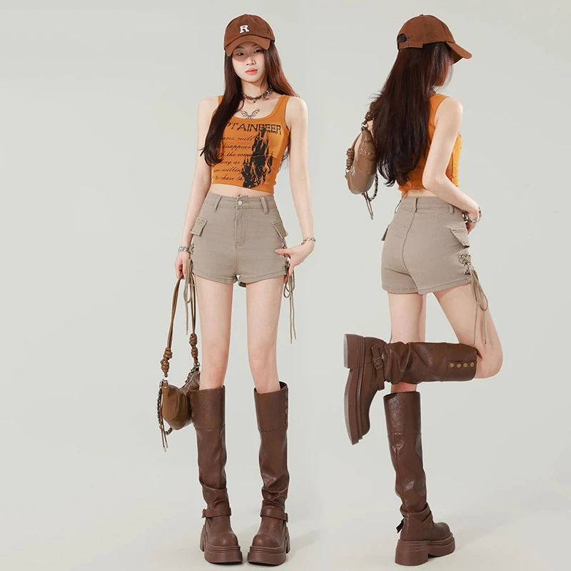 工装牛仔短裤女2025新款夏薄款高腰a字显瘦紧身外穿辣妹复古热裤