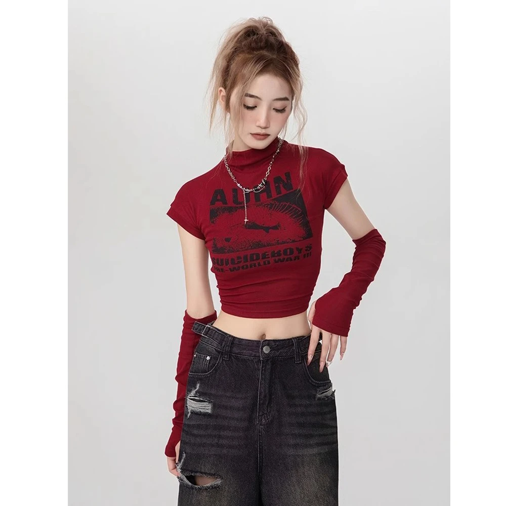 爵士跳舞jazz红色甜辣妹修身短款kpop女团打歌服夏季大码女装上衣