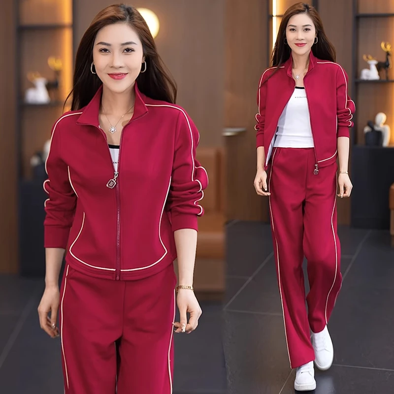 休闲运动服套装女春秋新款时尚气质显瘦立领开衫卫衣阔腿裤两件套